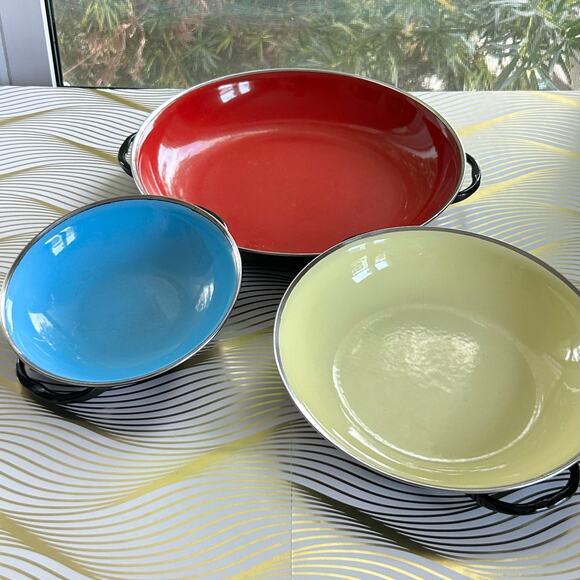 Vintage Mid Century Modern Emo Celje Double Handled Enamel Sauté Pans Set of 3 - Picture 2 of 16